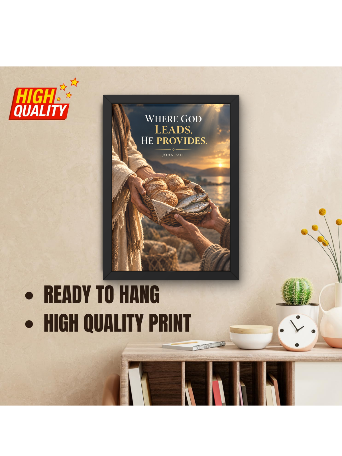 John 6:11 Bible Verse Wall Frame | “Where God Leads, He Provides” Christian Wall Art | Jesus Christ Inspirational Scripture Decor for Home, Bedroom & Prayer Room | A4 Premium Religious Gift