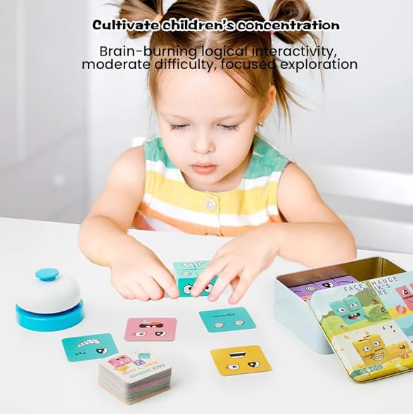 Uryans Face Changing Cube Building Blocks Puzzle, Wooden Face Expression Toy, Educational Face Matching Family Board Game (16 Wooden Puzzles and 72 Cards) (with Bell)