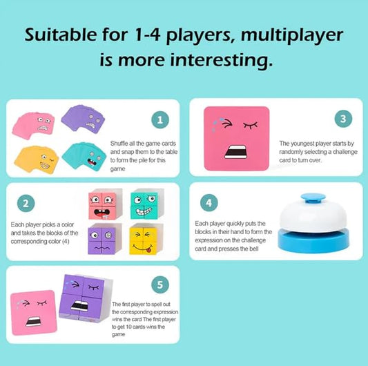 Uryans Face Changing Cube Building Blocks Puzzle, Wooden Face Expression Toy, Educational Face Matching Family Board Game (16 Wooden Puzzles and 72 Cards) (with Bell)