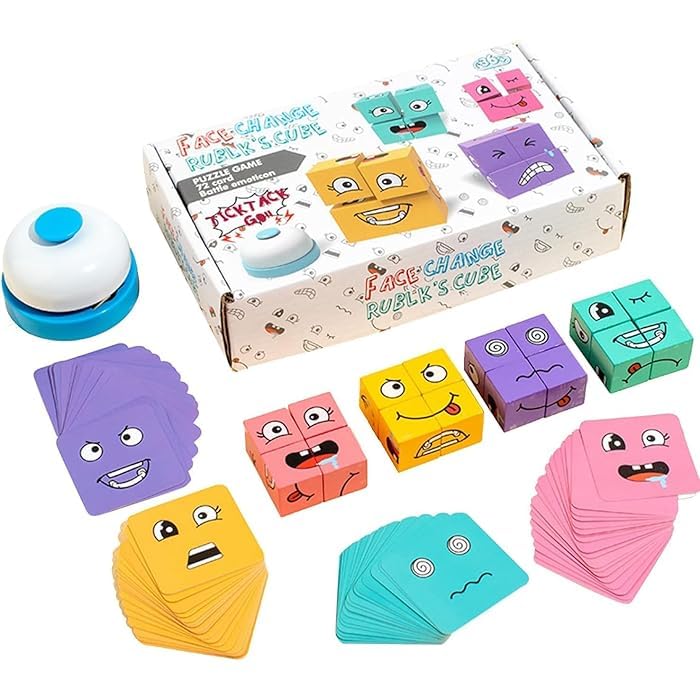 Uryans Face Changing Cube Building Blocks Puzzle, Wooden Face Expression Toy, Educational Face Matching Family Board Game (16 Wooden Puzzles and 72 Cards) (with Bell)