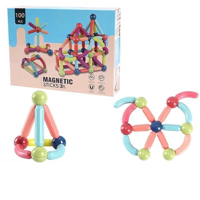 Uryans 100 pcs 3D Construction Building Blocks Magnet Stacking Toys Puzzle Games Colorful Magnetic Sticks and Balls Sets Montessori Educational Learning Toys for Kids Boys (100 Pcs Magnetic Sticks)