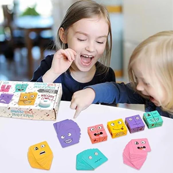 Uryans Face Changing Cube Building Blocks Puzzle, Wooden Face Expression Toy, Educational Face Matching Family Board Game (16 Wooden Puzzles and 72 Cards) (with Bell)