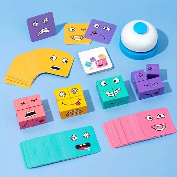 Uryans Face Changing Cube Building Blocks Puzzle, Wooden Face Expression Toy, Educational Face Matching Family Board Game (16 Wooden Puzzles and 72 Cards) (with Bell)