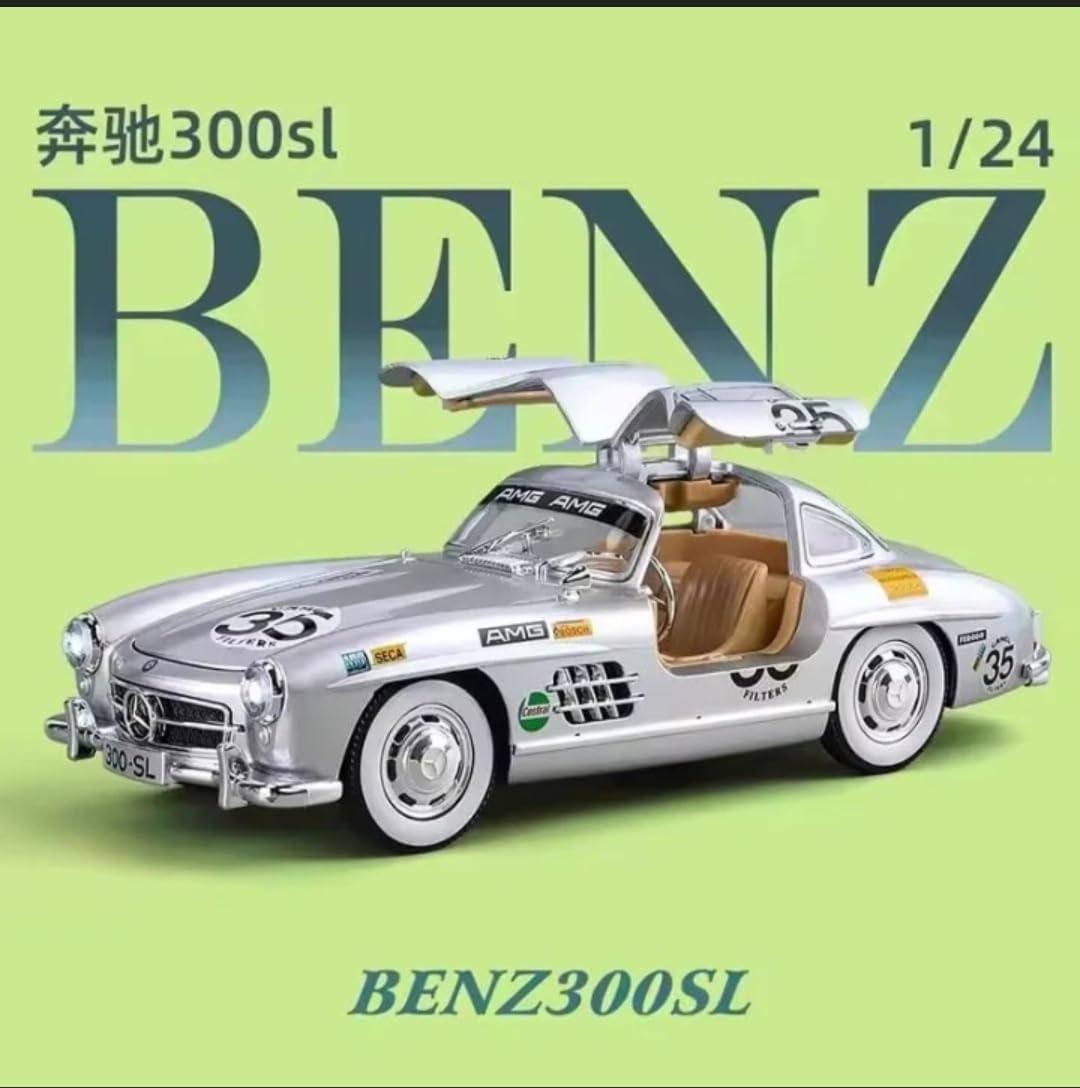 Uryans Big Size Mercedes Benz 300 SL Vintage Car 1:24 Scale Model Car Exclusive Alloy Metal Pull Back Die-cast Metal Toy Openable Doors & Light Music Best Gifts Toys【Colors as Per Stock】