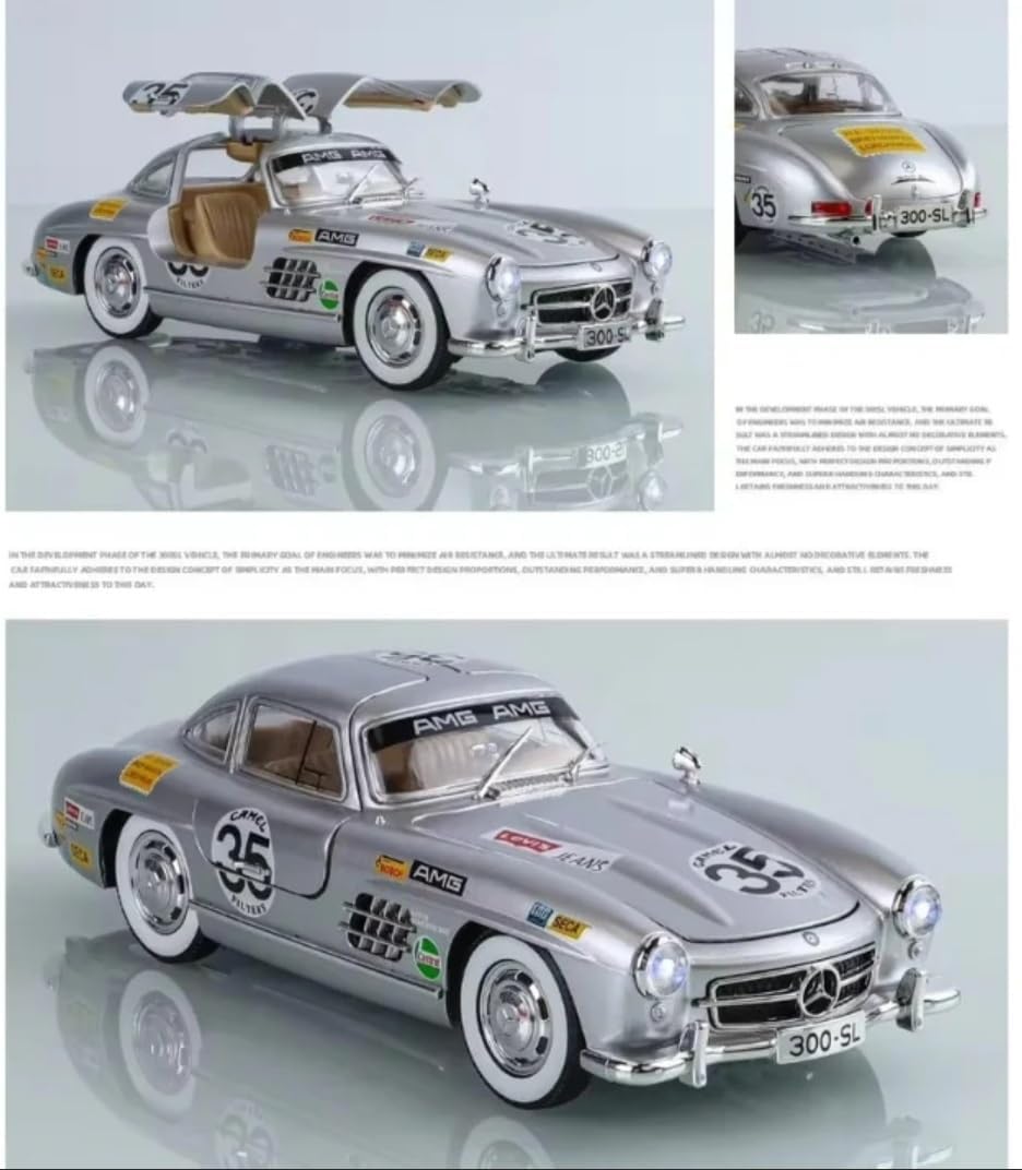 Uryans Big Size Mercedes Benz 300 SL Vintage Car 1:24 Scale Model Car Exclusive Alloy Metal Pull Back Die-cast Metal Toy Openable Doors & Light Music Best Gifts Toys【Colors as Per Stock】