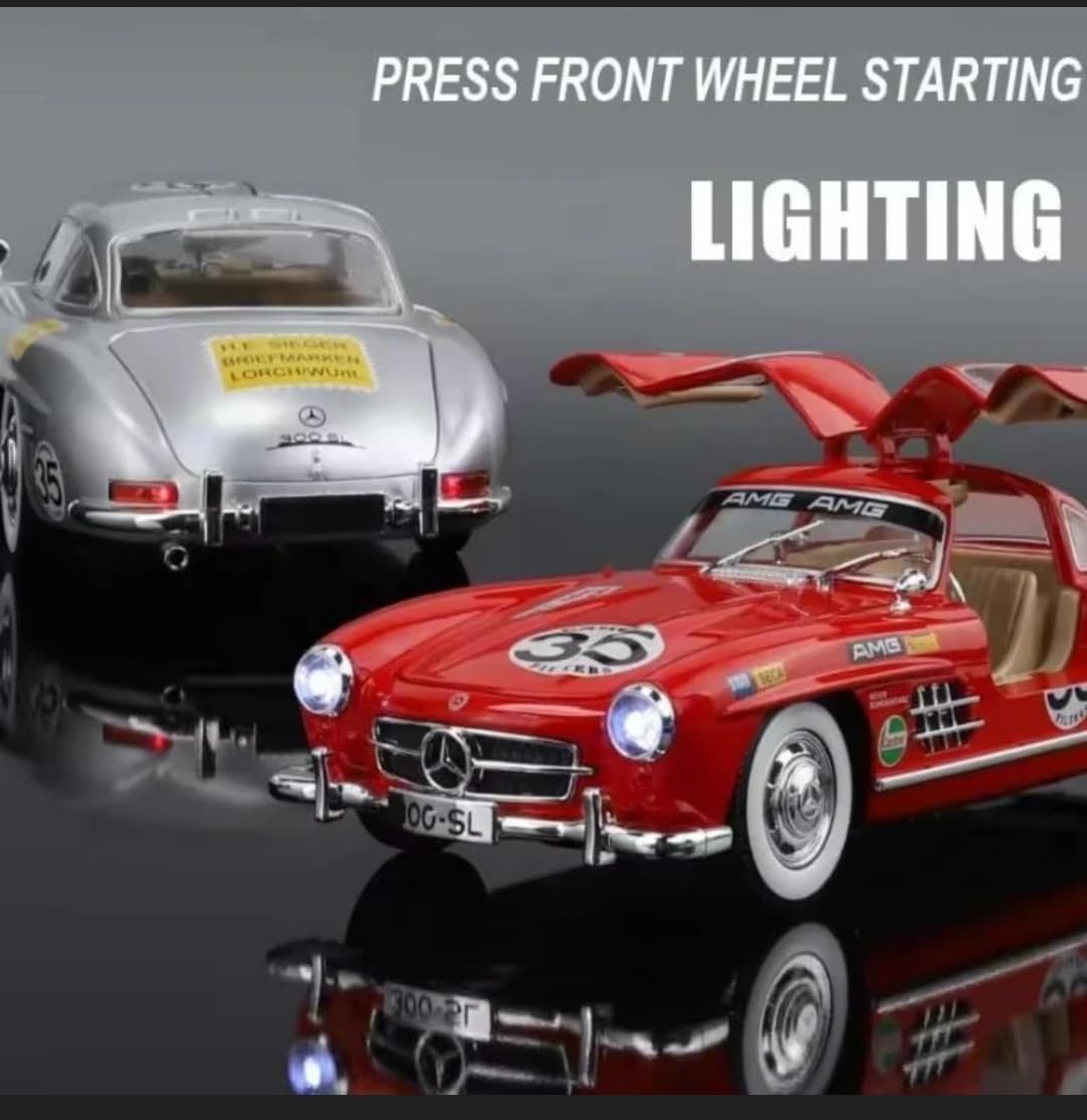 Uryans Big Size Mercedes Benz 300 SL Vintage Car 1:24 Scale Model Car Exclusive Alloy Metal Pull Back Die-cast Metal Toy Openable Doors & Light Music Best Gifts Toys【Colors as Per Stock】