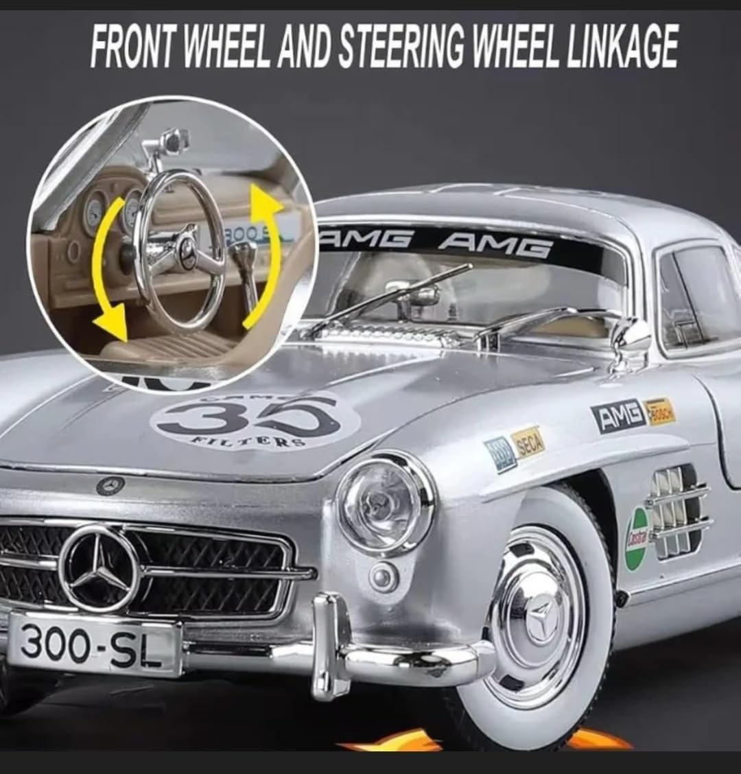 Uryans Big Size Mercedes Benz 300 SL Vintage Car 1:24 Scale Model Car Exclusive Alloy Metal Pull Back Die-cast Metal Toy Openable Doors & Light Music Best Gifts Toys【Colors as Per Stock】