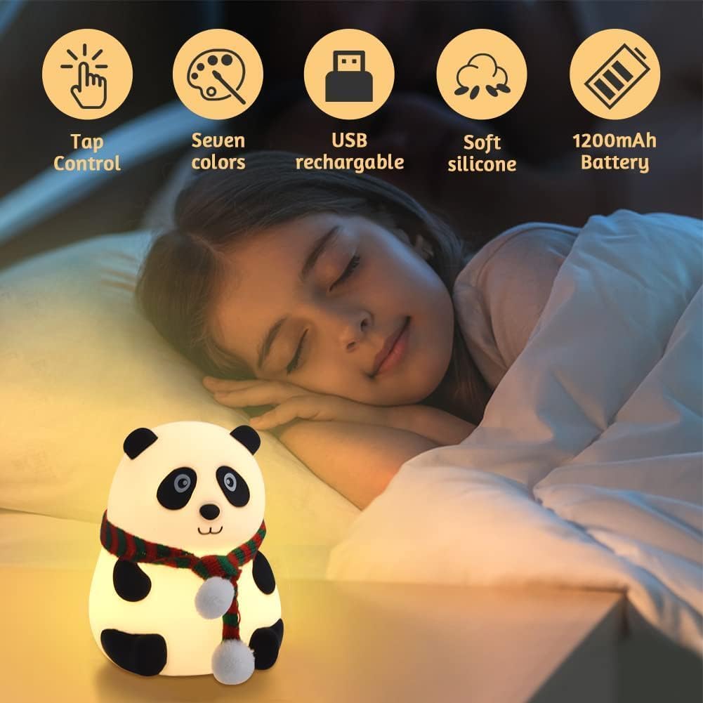 Uryans Rechargeable Silicone Panda Night Light for Kids | 7-Color LED Changing Lamp |Adorable Room Decor & Gift for Toddlers, Teens, & Valentine's Day Present|Soft BPA-Free Nightlight| Multicolour