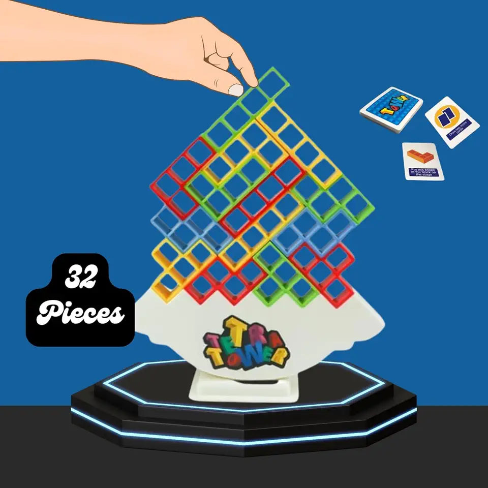 Uryans™ Tetra Tower Game, 32 Pieces Stack Tower Blocks, 22 Cards, Interactive STEM Toy