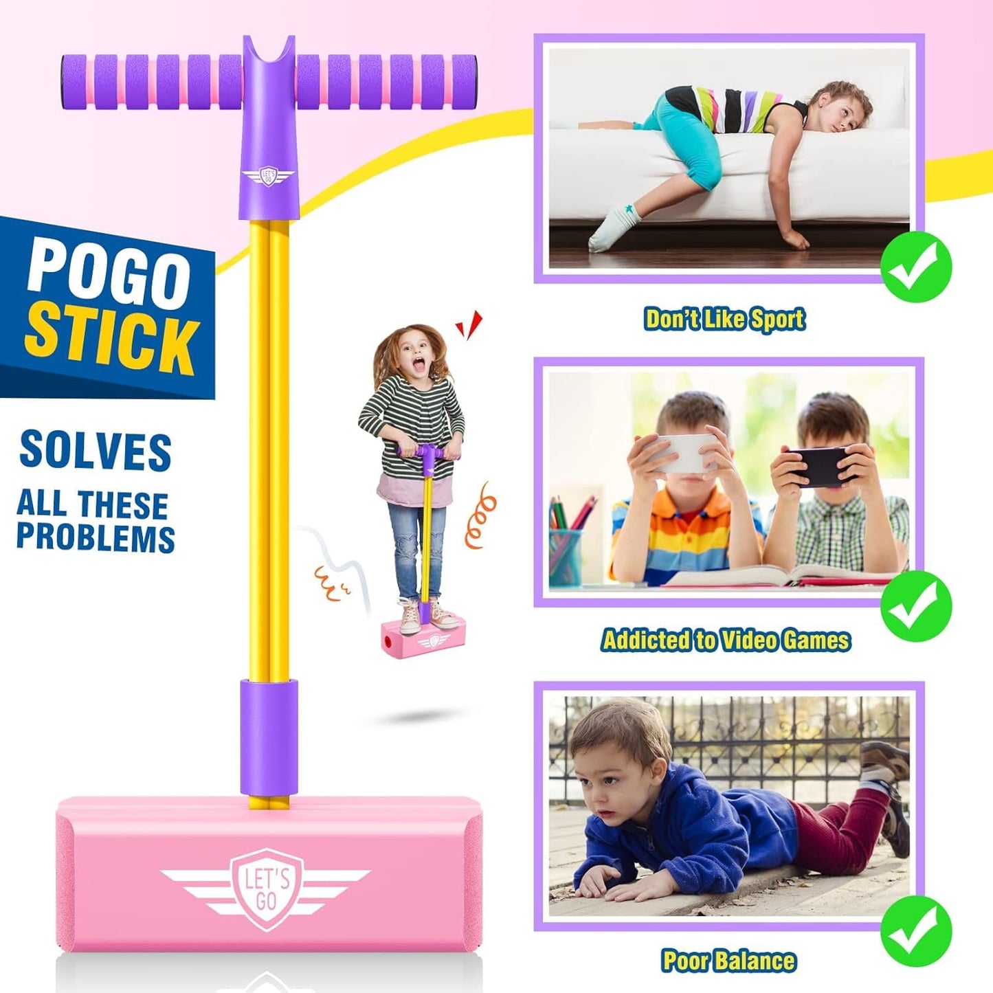 Uryans Kids Pogo Jumper Fun and Safe Pogo Stick for Toddlers, Durable Foam Bungee Jumping Stick Makes Squeaky Sounds Improves Balance, Bouncing Toy for Ages 3 and up Holds up to 250lbs - Multicolor