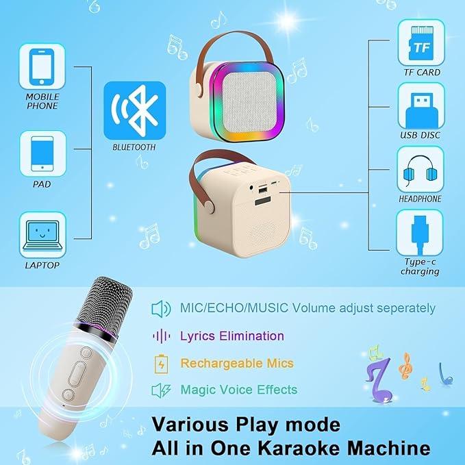 Uryans Colorful Bluetooth Speaker with Karaoke Mic System for Home Singing Magic Ai Voice Changer Portable Mini Wireless Speaker with Mike for House Parties