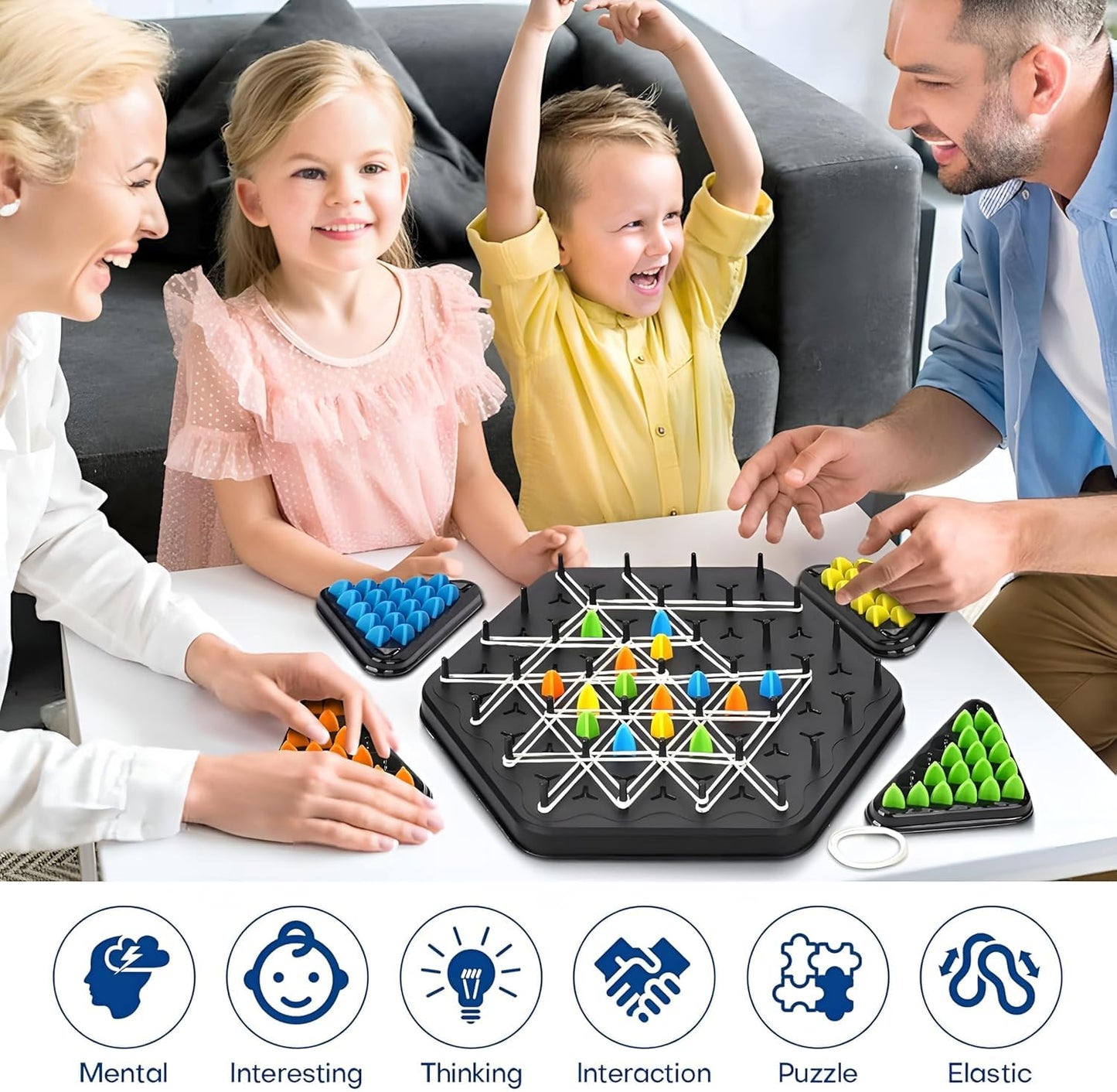 Uryans Chain Triangle Chess Game Board Games for Kids Adults Family Fun Night Chess Set Triangle Rubber Band Game Chain Board Chess Puzzle Interactive Brain Teaser Game 2 to 4 Players