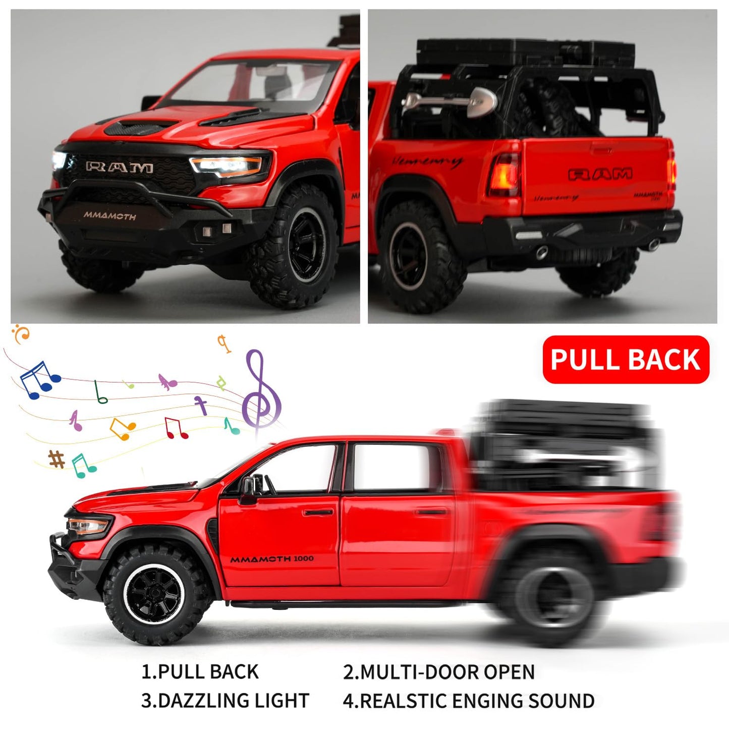 Uryans Pick-Up Truck Model Car, Zinc Alloy Pull Back Toy car with Sound and Light for Kids Boy Girl Gift