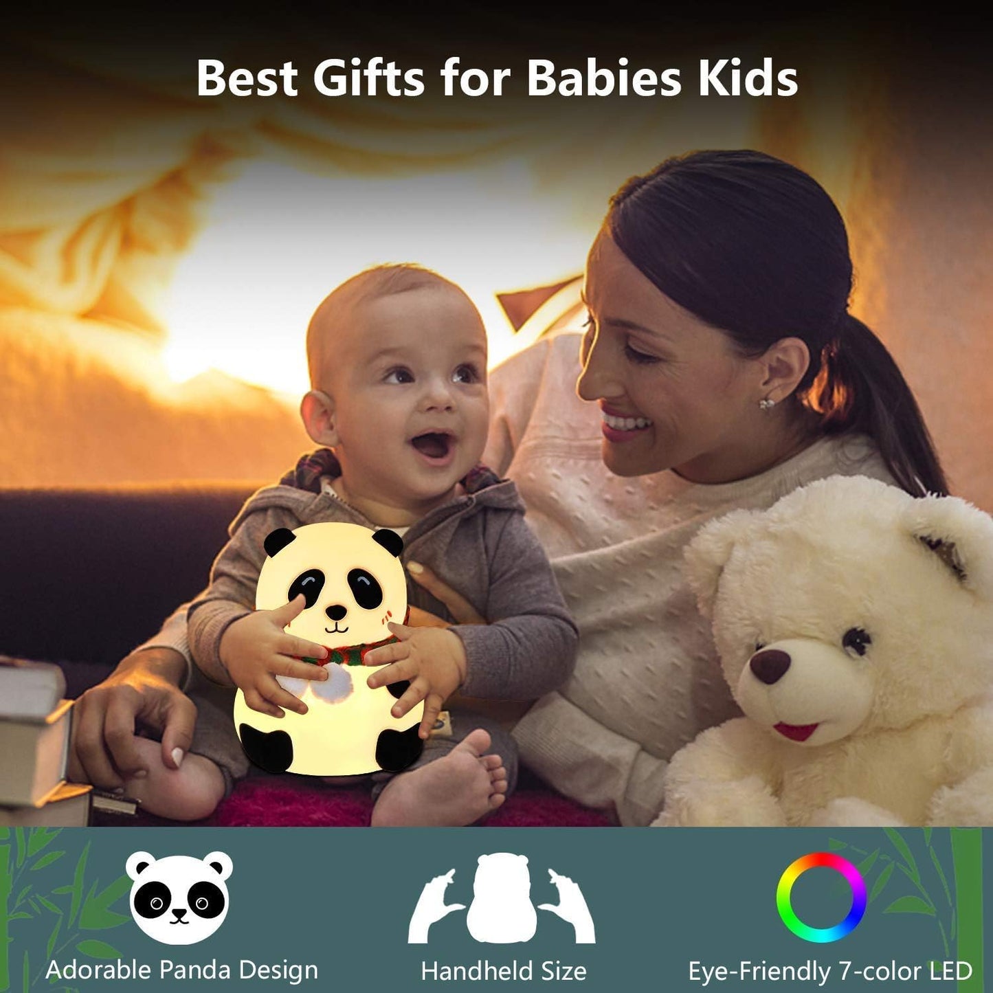 Uryans Rechargeable Silicone Panda Night Light for Kids | 7-Color LED Changing Lamp |Adorable Room Decor & Gift for Toddlers, Teens, & Valentine's Day Present|Soft BPA-Free Nightlight| Multicolour