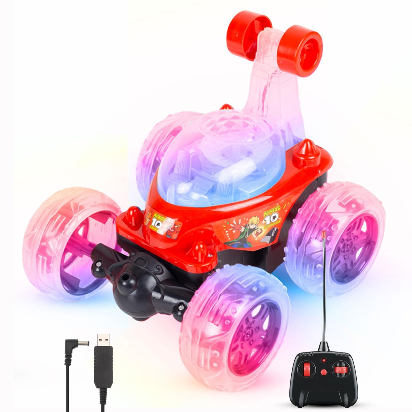 Uryans Remote Control Rechargeable Acrobatic 360 Degree Twisting Stunt Car with Music & Lights for Kids 2 & Above - Multicolor (Color availability as per stock)