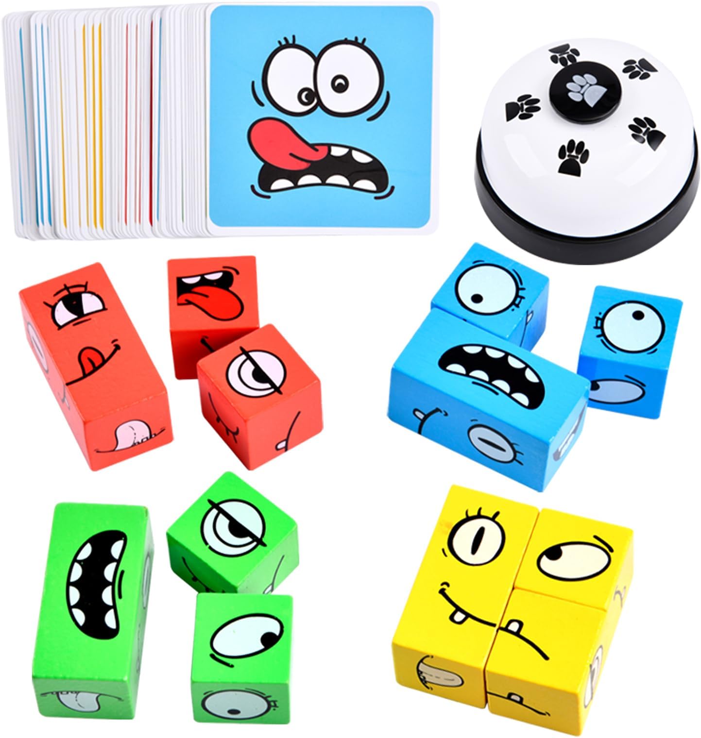 Uryans Face Changing Cube Building Blocks Puzzle, Wooden Face Expression Toy, Educational Face Matching Family Board Game (16 Wooden Puzzles and 72 Cards) (with Bell)