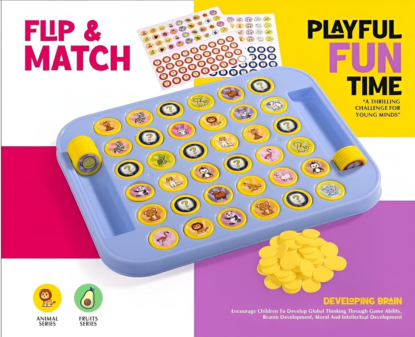 Uryans Memory Chess Flip & Match Game for Kids – Educational Brain Development Puzzle Board Game with Animal & Fruit Tokens