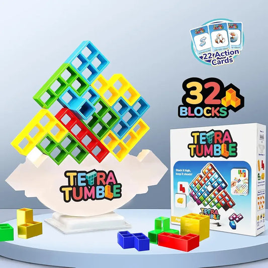 Uryans™ Tetra Tower Game, 32 Pieces Stack Tower Blocks, 22 Cards, Interactive STEM Toy