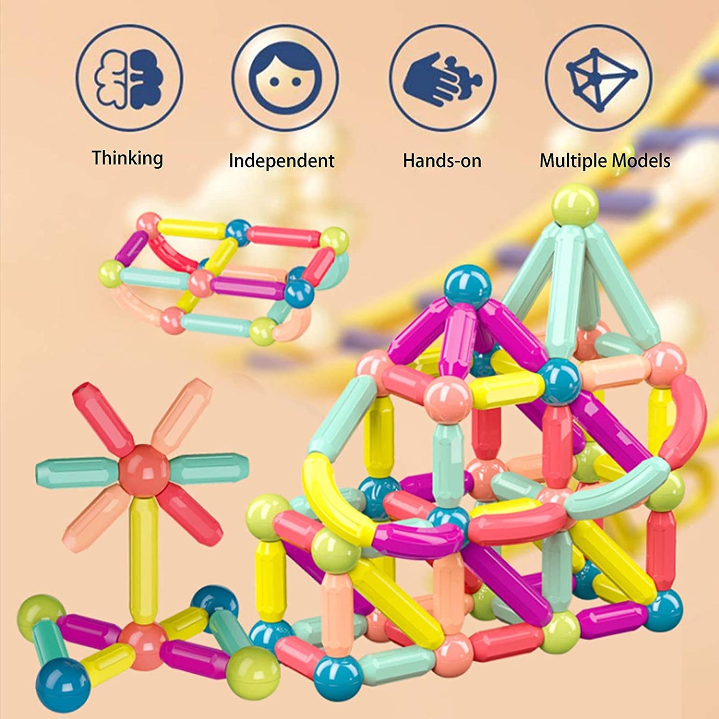 Uryans 100 pcs 3D Construction Building Blocks Magnet Stacking Toys Puzzle Games Colorful Magnetic Sticks and Balls Sets Montessori Educational Learning Toys for Kids Boys (100 Pcs Magnetic Sticks)