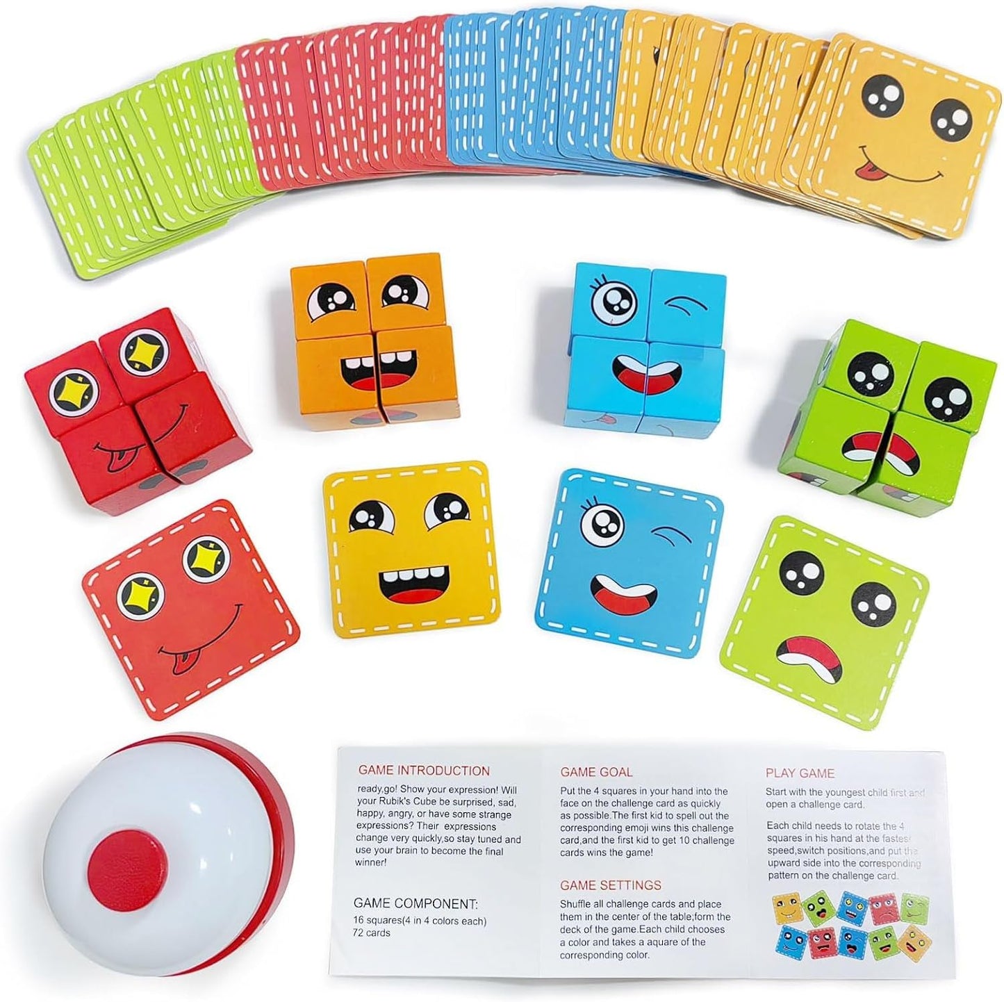 Uryans Face Changing Cube Building Blocks Puzzle, Wooden Face Expression Toy, Educational Face Matching Family Board Game (16 Wooden Puzzles and 72 Cards) (with Bell)
