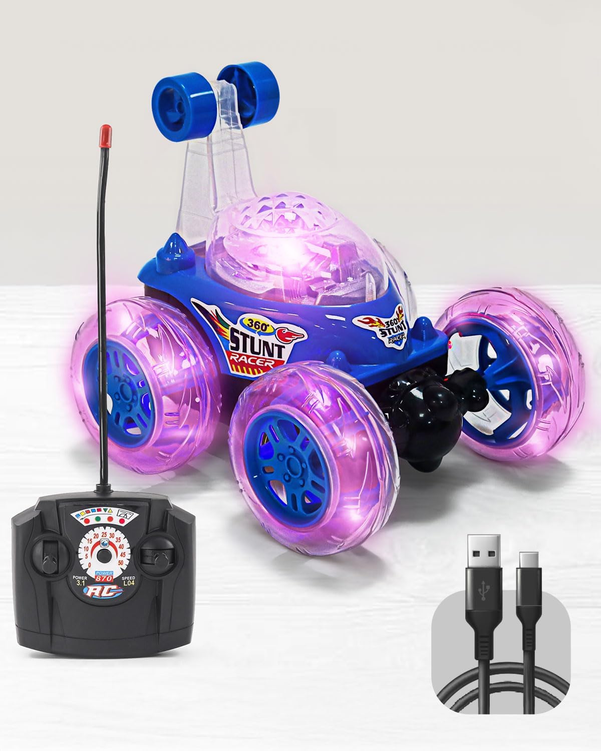Uryans Remote Control Rechargeable Acrobatic 360 Degree Twisting Stunt Car with Music & Lights for Kids 2 & Above - Multicolor (Color availability as per stock)