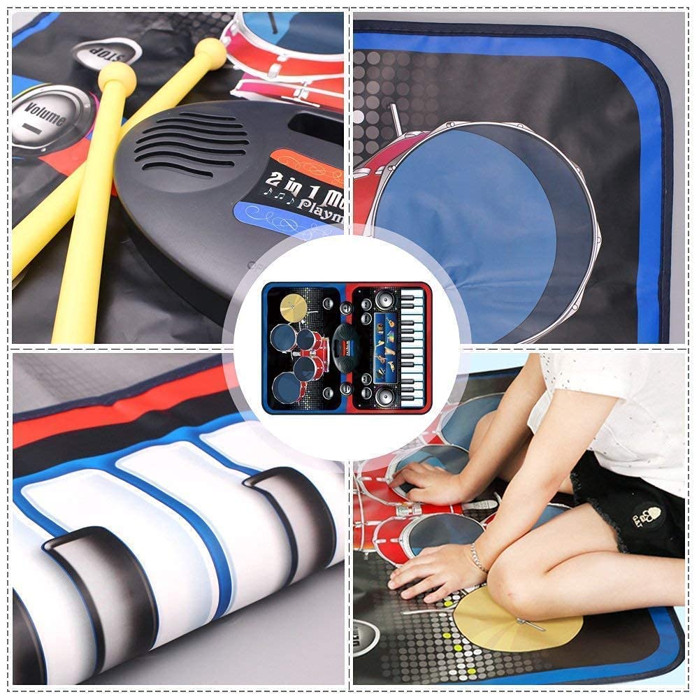Uryans Portable 2-in-1 Drum & Piano Combo Educational Musical Play Mat with 8 Musical Instruments Piyano Band Magic Kit 24-Key Keyboard, Built-in Speaker, Record Function- Multi Color