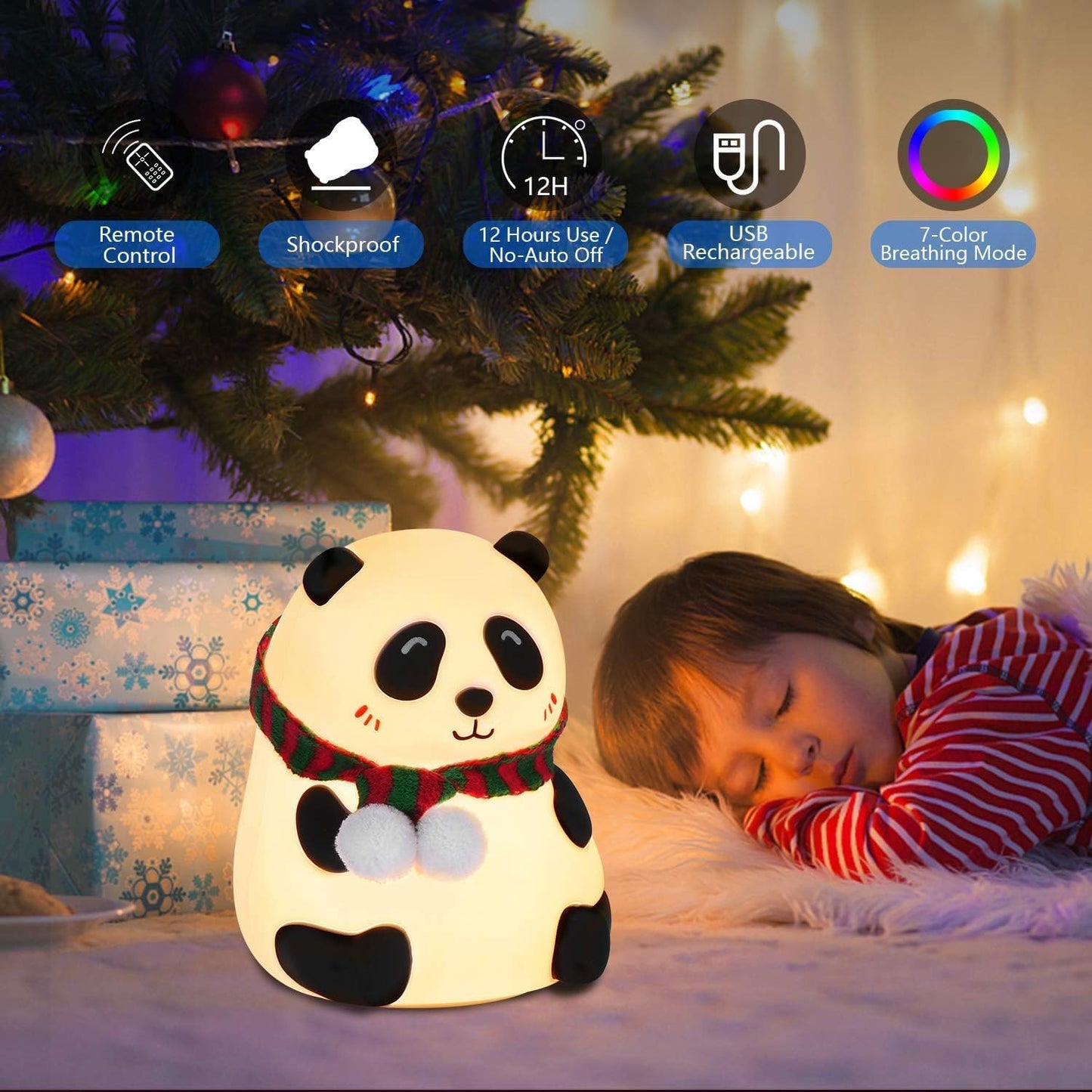 Uryans Rechargeable Silicone Panda Night Light for Kids | 7-Color LED Changing Lamp |Adorable Room Decor & Gift for Toddlers, Teens, & Valentine's Day Present|Soft BPA-Free Nightlight| Multicolour