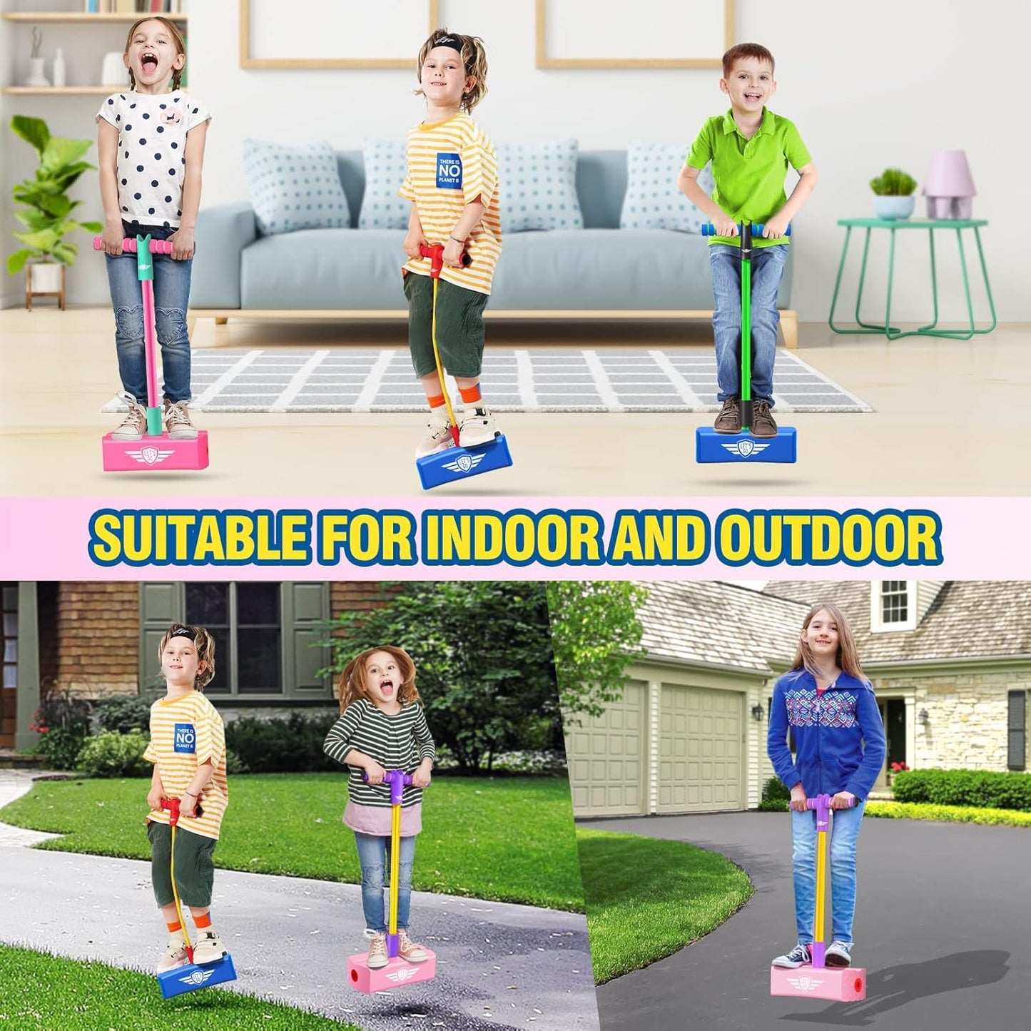 Uryans Kids Pogo Jumper Fun and Safe Pogo Stick for Toddlers, Durable Foam Bungee Jumping Stick Makes Squeaky Sounds Improves Balance, Bouncing Toy for Ages 3 and up Holds up to 250lbs - Multicolor