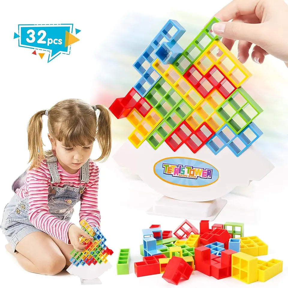 Uryans™ Tetra Tower Game, 32 Pieces Stack Tower Blocks, 22 Cards, Interactive STEM Toy