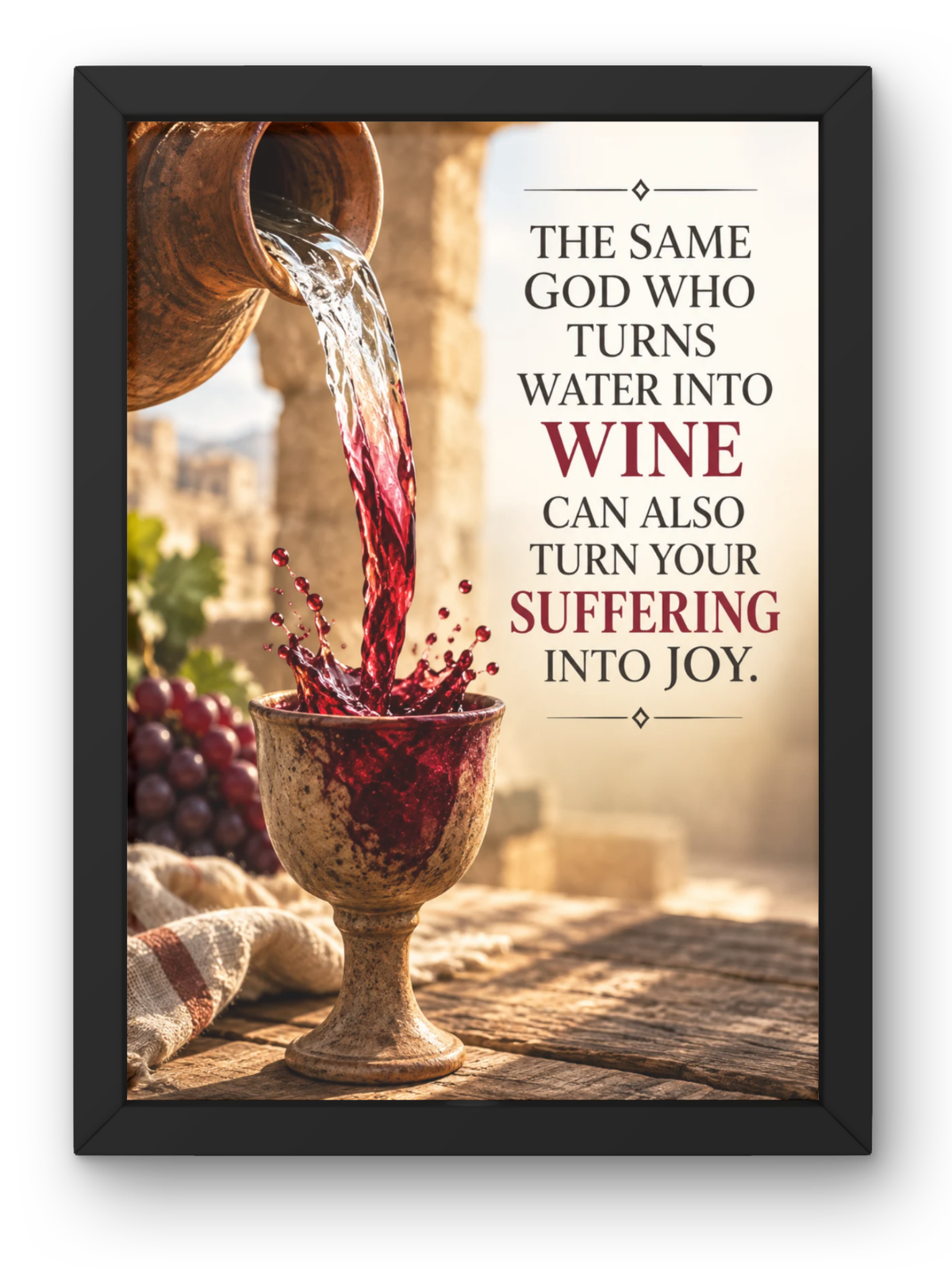 Christian Bible Verse Wall Frame | “The Same God Who Turns Water Into Wine Can Also Turn Your Suffering Into Joy” | Inspirational Jesus Faith Wall Art for Home, Bedroom & Prayer Room | A4 Premium Religious Gift