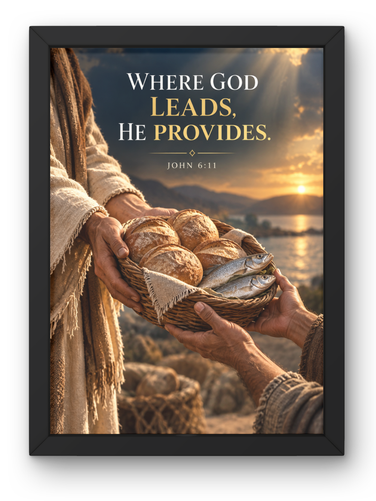 John 6:11 Bible Verse Wall Frame | “Where God Leads, He Provides” Christian Wall Art | Jesus Christ Inspirational Scripture Decor for Home, Bedroom & Prayer Room | A4 Premium Religious Gift