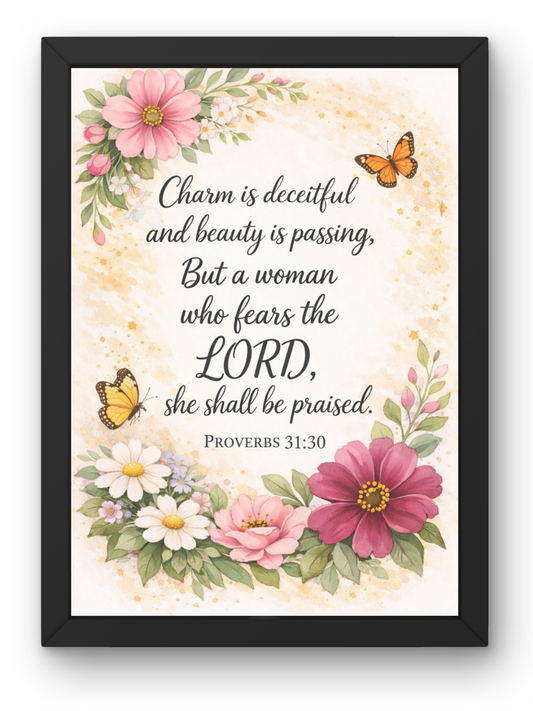 Proverbs 31-30 Bible Verse Wall Frame | Christian Living, Bedroom & Kids Room Decor A4 Size (13.6 x 10.2 inches)