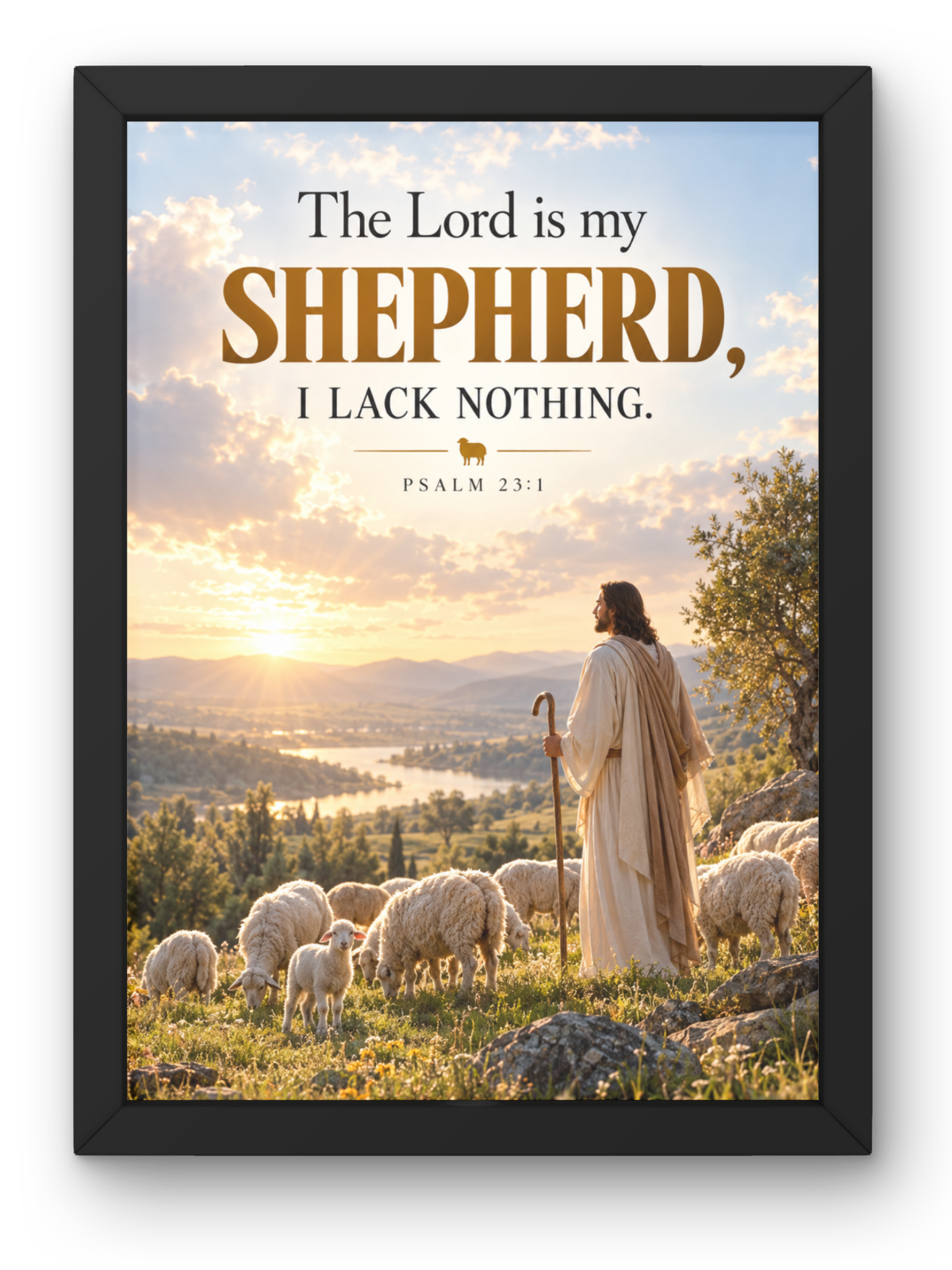 Psalm 23:1 Bible Verse Wall Frame | “The Lord Is My Shepherd, I Lack Nothing” Christian Wall Art | Jesus & Shepherd Scripture Decor for Home, Bedroom & Prayer Room | A4 Premium Religious Gift