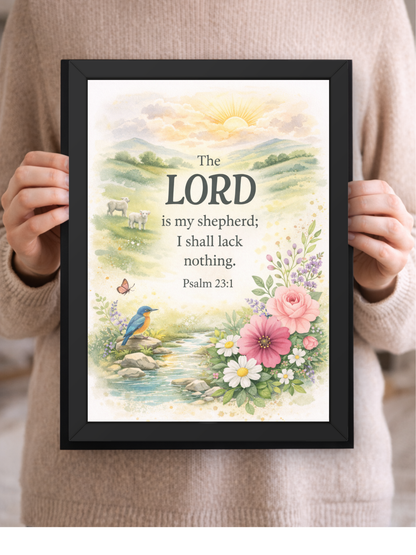 Psalm 23-1 Bible Verse Wall Frame | Christian Living, Bedroom & Kids Room Decor A4 Size (13.6 x 10.2 inches)