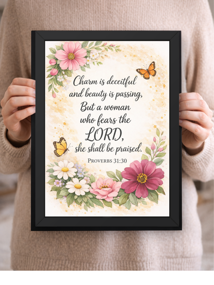 Proverbs 31-30 Bible Verse Wall Frame | Christian Living, Bedroom & Kids Room Decor A4 Size (13.6 x 10.2 inches)