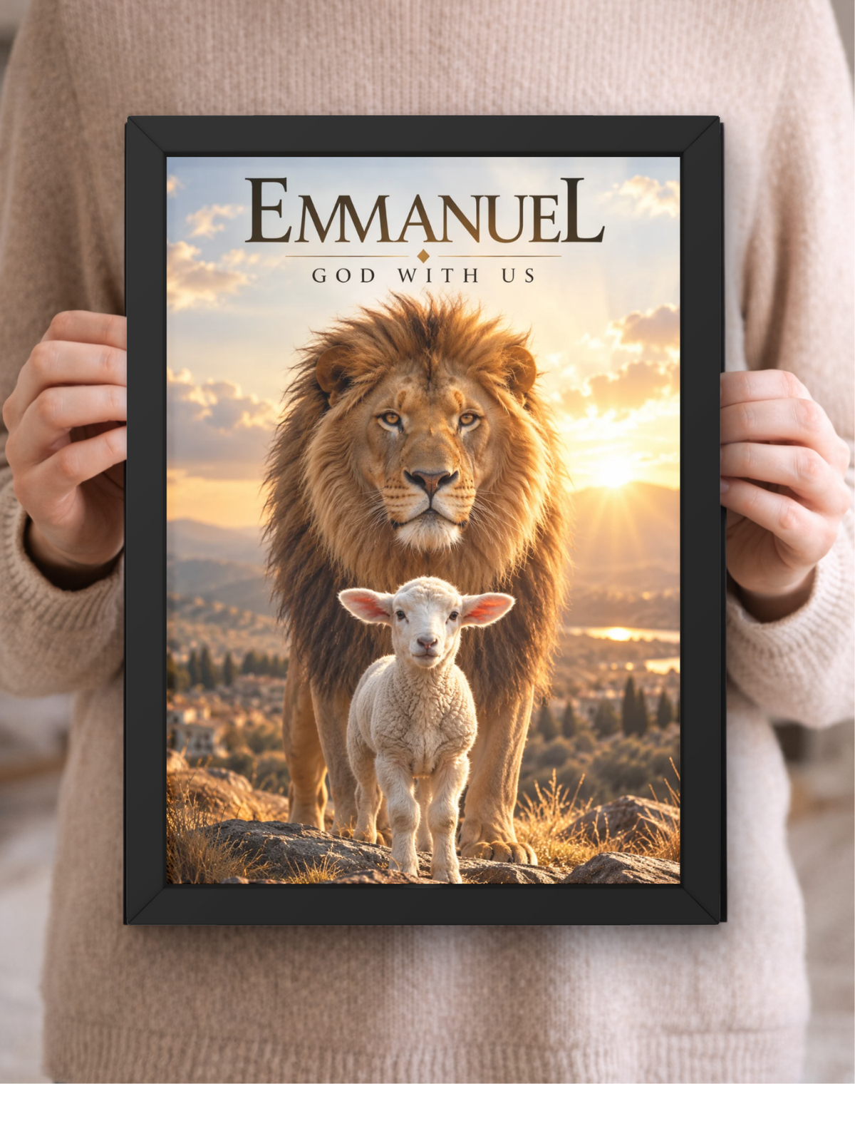 Emmanuel God With Us Christian Wall Frame | Jesus Christ Bible Inspired Wall Art with Lion & Lamb Design | Faith Scripture Decor for Home, Bedroom & Prayer Room | A4 Premium Religious Gift