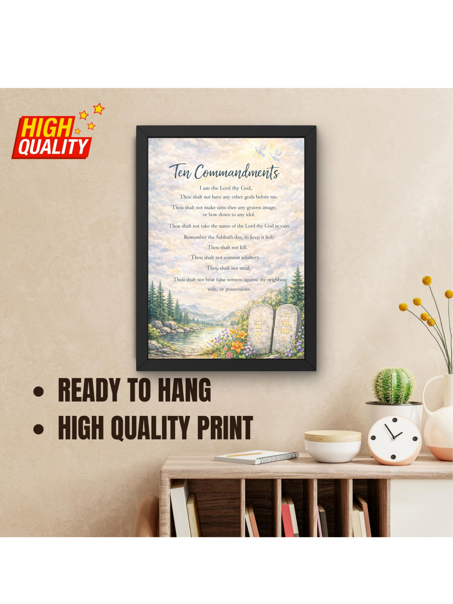 Ten Commandments Bible Wall Frame | Christian Living, Bedroom & Kids Room Decor A4 Size (13.6 x 10.2 inches)