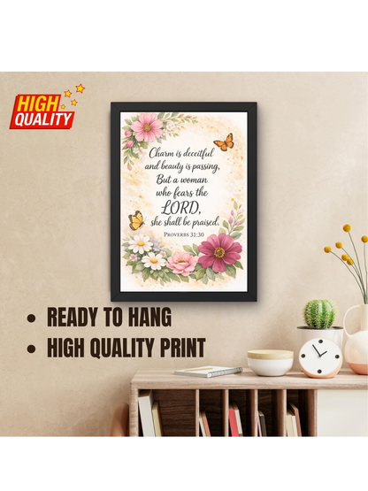 Proverbs 31-30 Bible Verse Wall Frame | Christian Living, Bedroom & Kids Room Decor A4 Size (13.6 x 10.2 inches)
