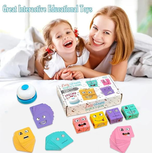 Uryans Face Changing Cube Building Blocks Puzzle, Wooden Face Expression Toy, Educational Face Matching Family Board Game (16 Wooden Puzzles and 72 Cards) (with Bell)