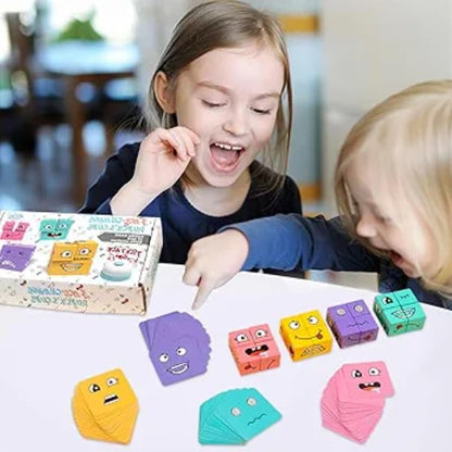 Uryans Face Changing Cube Building Blocks Puzzle, Wooden Face Expression Toy, Educational Face Matching Family Board Game (16 Wooden Puzzles and 72 Cards) (with Bell)