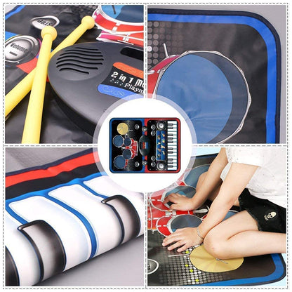 Uryans Portable 2-in-1 Drum & Piano Combo Educational Musical Play Mat with 8 Musical Instruments Piyano Band Magic Kit 24-Key Keyboard, Built-in Speaker, Record Function- Multi Color