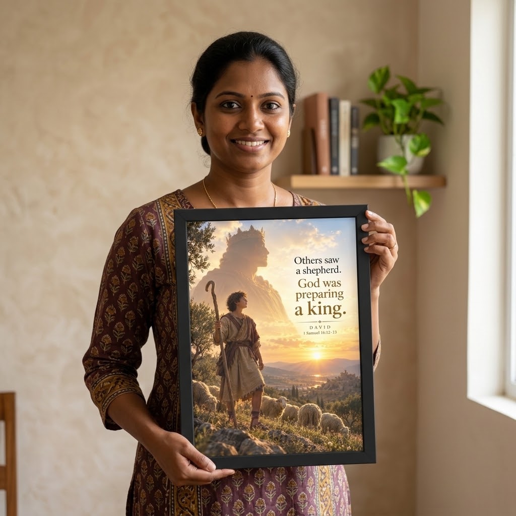David Bible Story Wall Frame | “Others Saw a Shepherd, God Was Preparing a King” Christian Wall Art | 1 Samuel 16:12-13 | A4 Premium Religious Gift