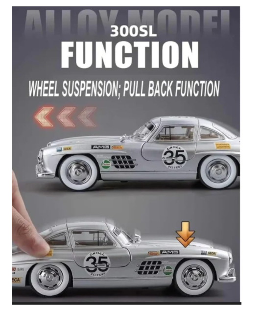 Uryans Big Size Mercedes Benz 300 SL Vintage Car 1:24 Scale Model Car Exclusive Alloy Metal Pull Back Die-cast Metal Toy Openable Doors & Light Music Best Gifts Toys【Colors as Per Stock】