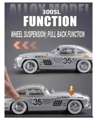 Uryans Big Size Mercedes Benz 300 SL Vintage Car 1:24 Scale Model Car Exclusive Alloy Metal Pull Back Die-cast Metal Toy Openable Doors & Light Music Best Gifts Toys【Colors as Per Stock】