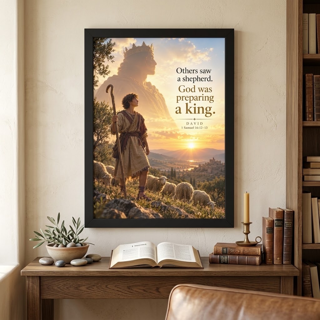 David Bible Story Wall Frame | “Others Saw a Shepherd, God Was Preparing a King” Christian Wall Art | 1 Samuel 16:12-13 | A4 Premium Religious Gift